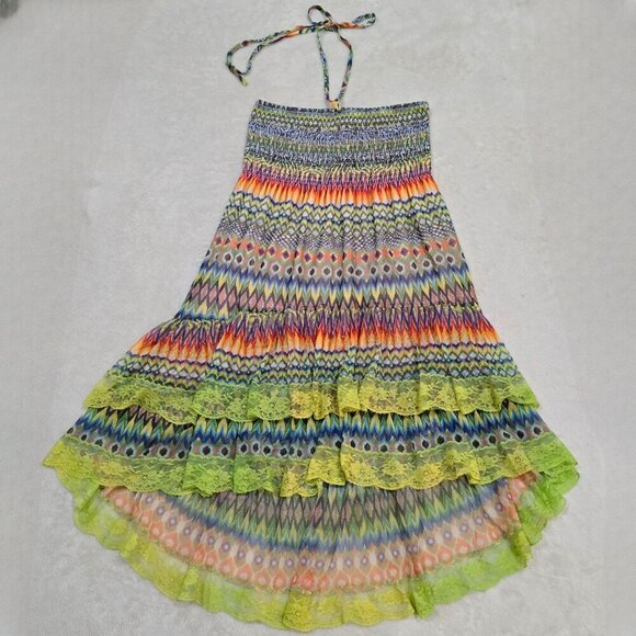 Lapis ✦ Boho Rainbow Halter Dress ✦ Lace Hi-Low Hem + Festival Vibes Sz S EUC - Picture 3 of 14